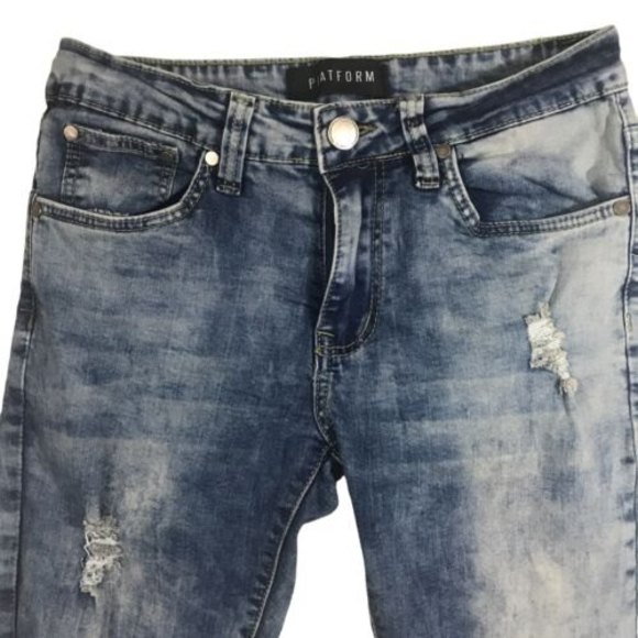 Platform Slim Skinny Stretch Denim Jeans Ripped Med Blue Stressed Size 29/30 - Picture 3 of 12